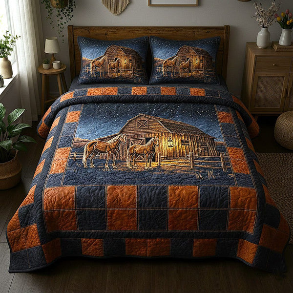 Rustic Ranch quilted 3-piece bedding set on a made bed in a rustic timber bedroom