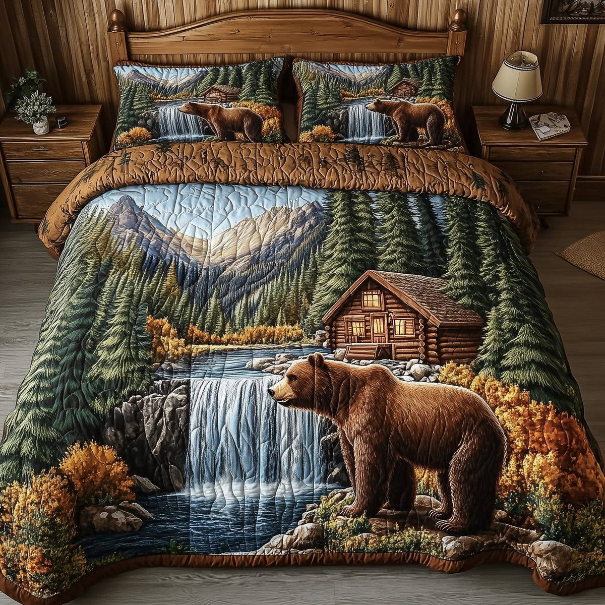 Rustic Retreat quilted 3-piece bedding set on a made bed in a farmhouse bedroom