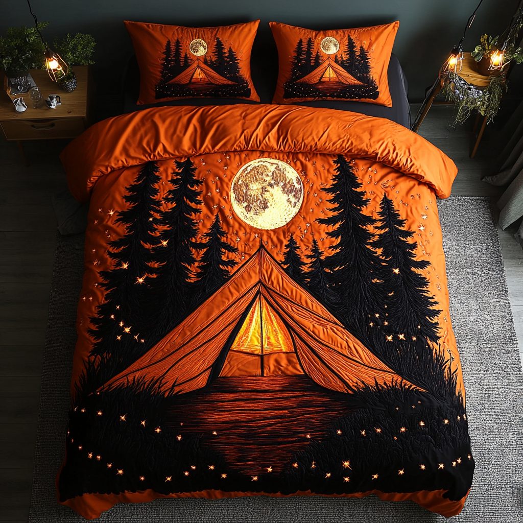Rustic Retreat quilted 3-piece bedding set on a made bed in a farmhouse bedroom