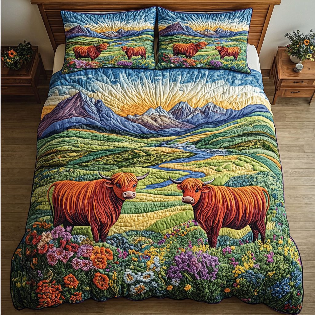 Rustic Retreat quilted 3-piece bedding set on a made bed in a farmhouse bedroom