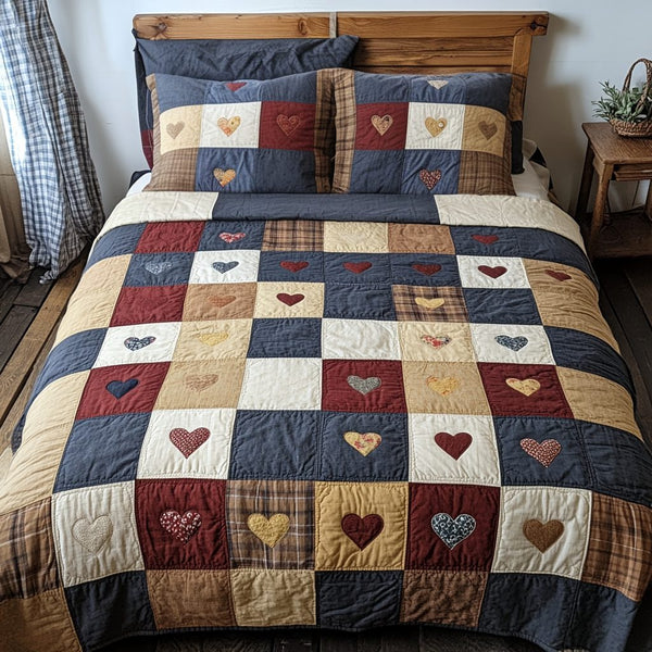 Rustic Retreat quilted 3-piece bedding set on a made bed in a farmhouse bedroom