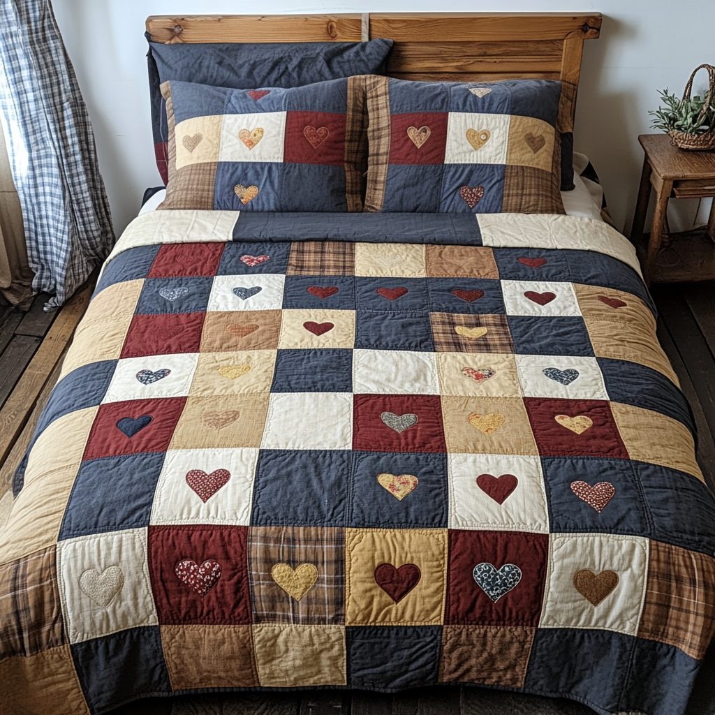 Rustic Retreat quilted 3-piece bedding set on a made bed in a farmhouse bedroom