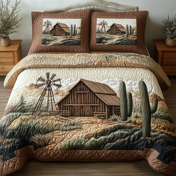 Rustic Retreat quilted 3-piece bedding set on a made bed in a farmhouse bedroom