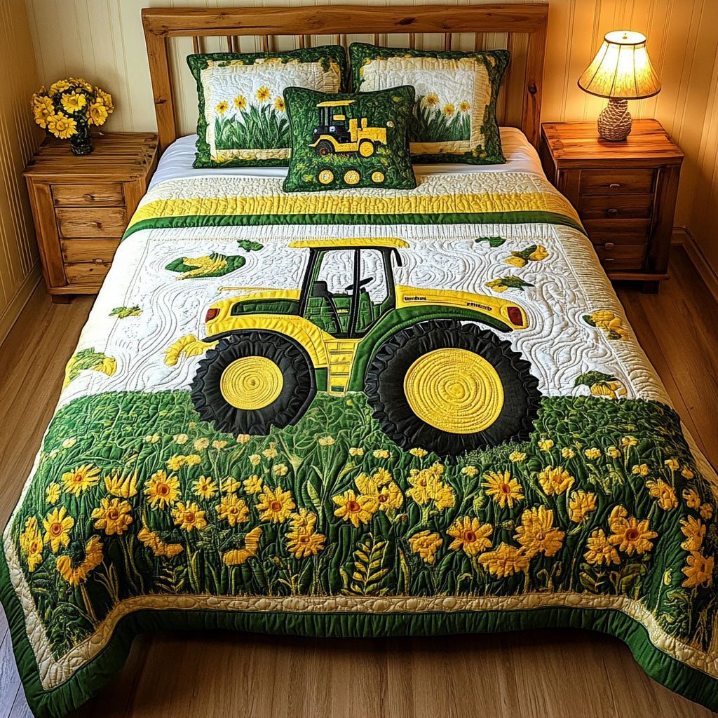 Rustic Ride quilted 3-piece bedding set on a made bed in a farmhouse bedroom