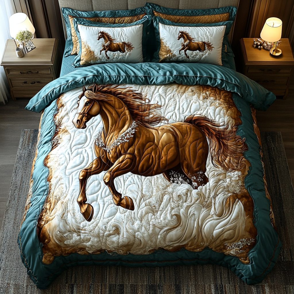Rustic Rider quilted 3-piece bedding set on a made bed in a farmhouse bedroom