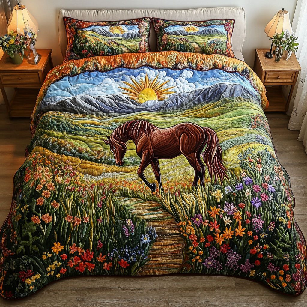 Rustic Rider quilted 3-piece bedding set on a made bed in a farmhouse bedroom