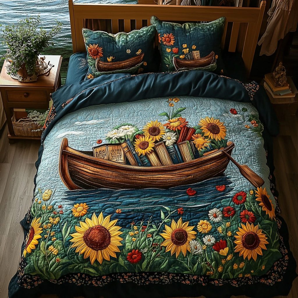 Rustic River Blooms quilted 3-piece bedding set on a made bed in a farmhouse bedroom