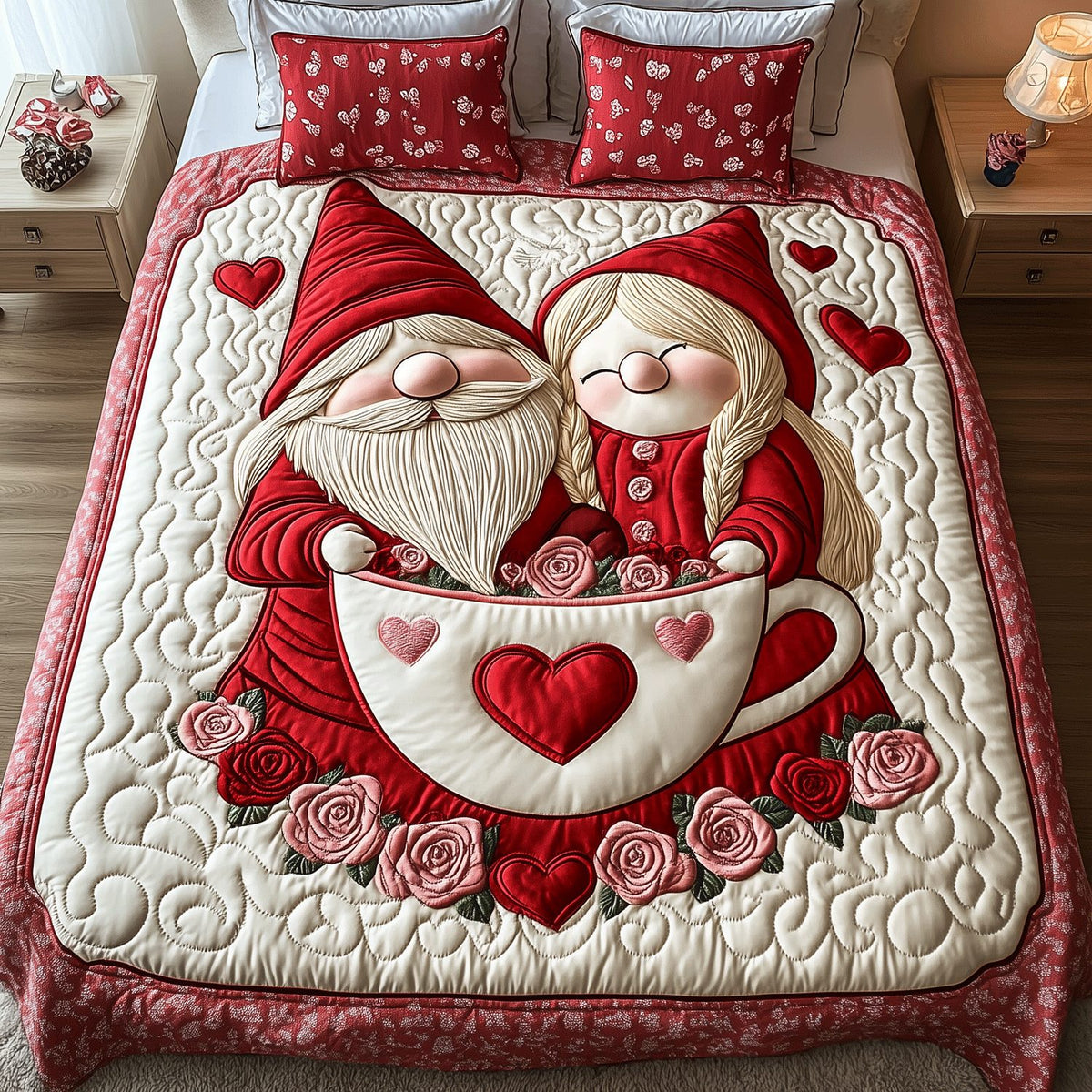 Rustic Romance Gnome quilted 3-piece bedding set on a made bed in a winter-styled bedroom