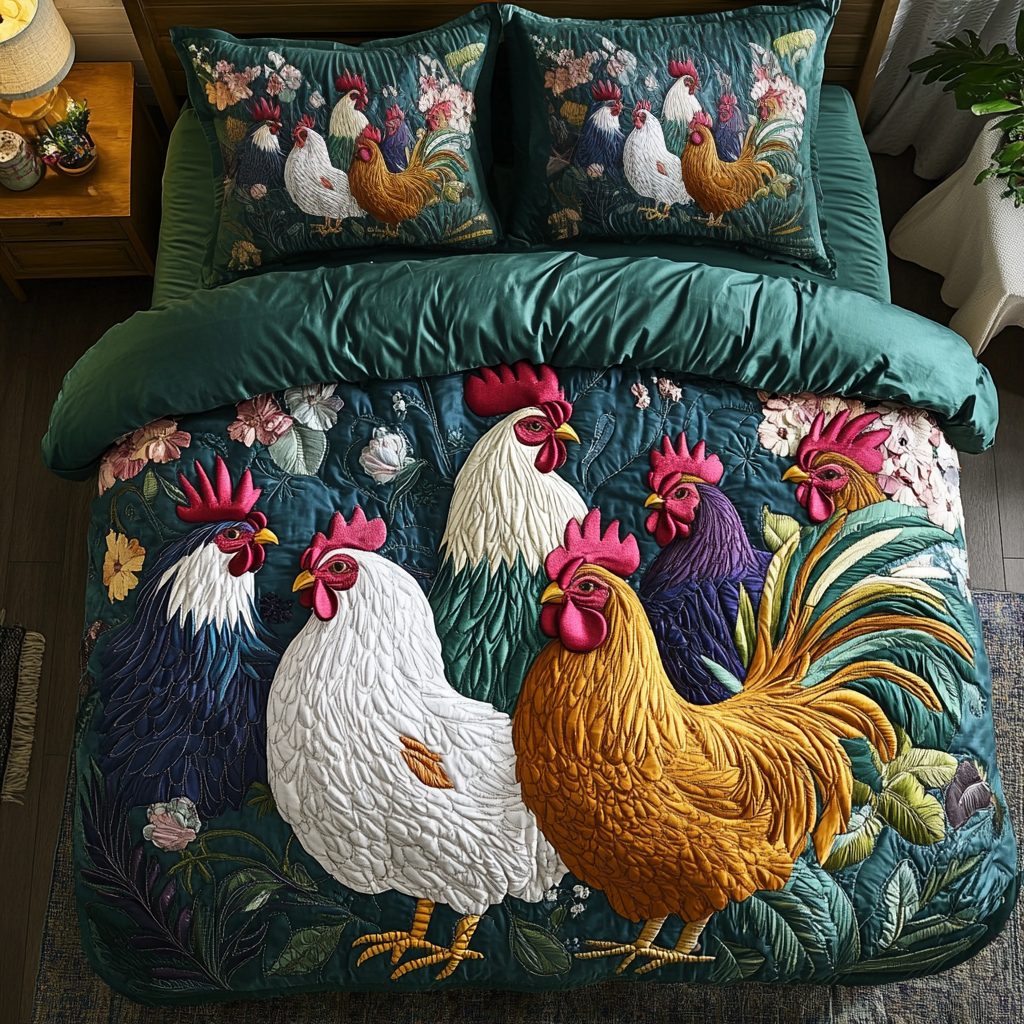 Rustic Roost quilted 3-piece bedding set on a made bed in a farmhouse bedroom