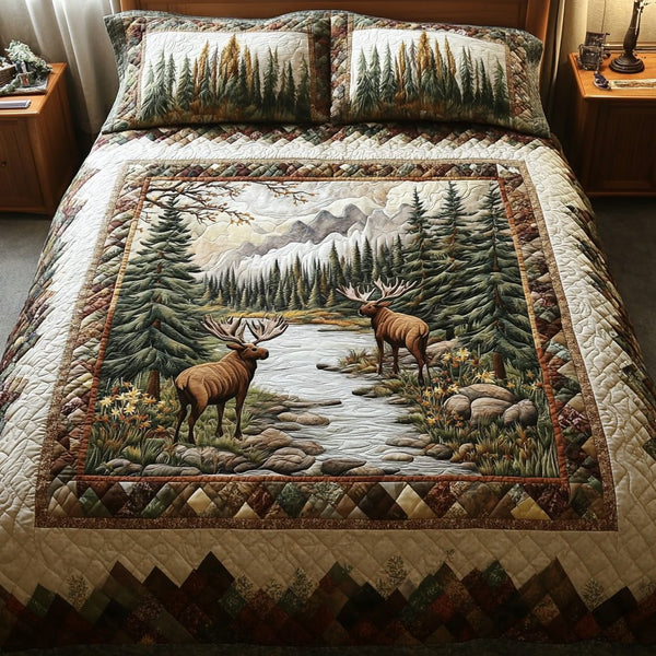 Rustic Serenity quilted 3-piece bedding set on a made bed in a farmhouse bedroom