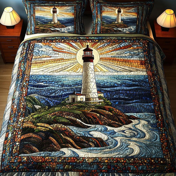 Rustic Shore Lighthouse quilted 3-piece bedding set on a made bed in a light coastal bedroom