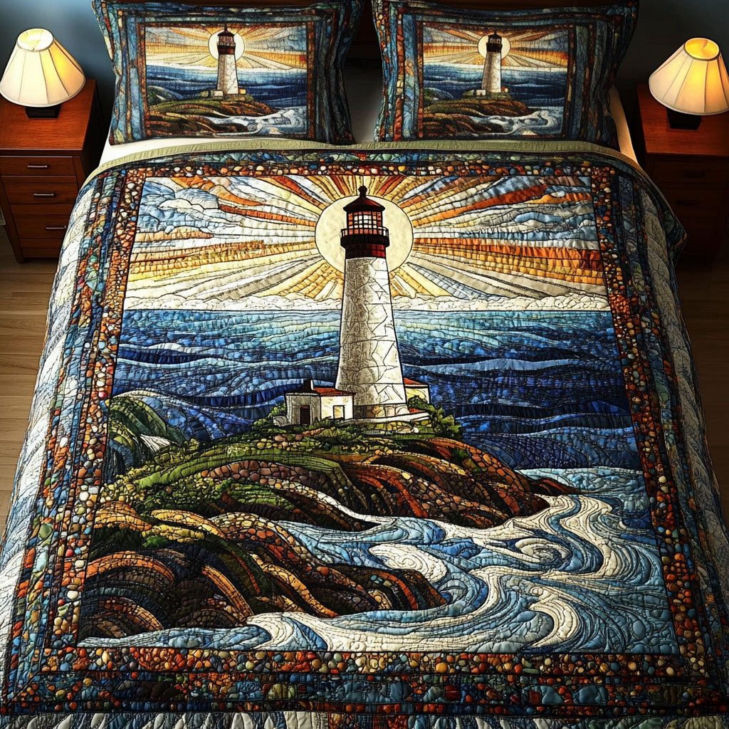 Rustic Shore Lighthouse quilted 3-piece bedding set on a made bed in a light coastal bedroom