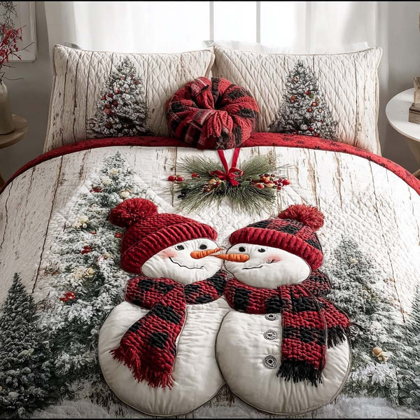 Rustic Snowman Couple quilted 3-piece bedding set on a made bed in a winter-styled bedroom