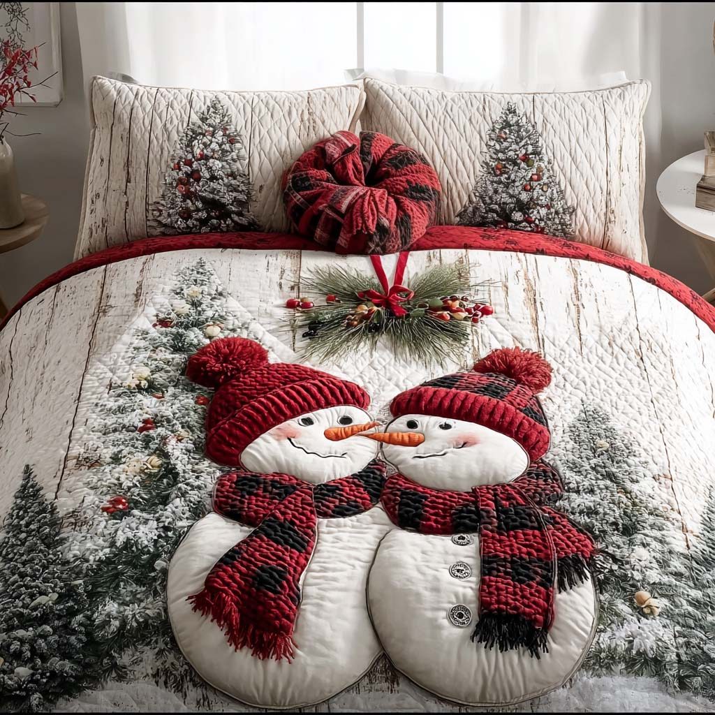 Rustic Snowman Couple quilted 3-piece bedding set on a made bed in a winter-styled bedroom