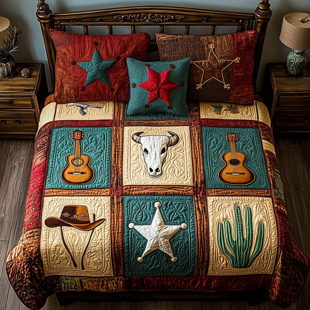 Rustic Stars quilted 3-piece bedding set on a made bed in a farmhouse bedroom
