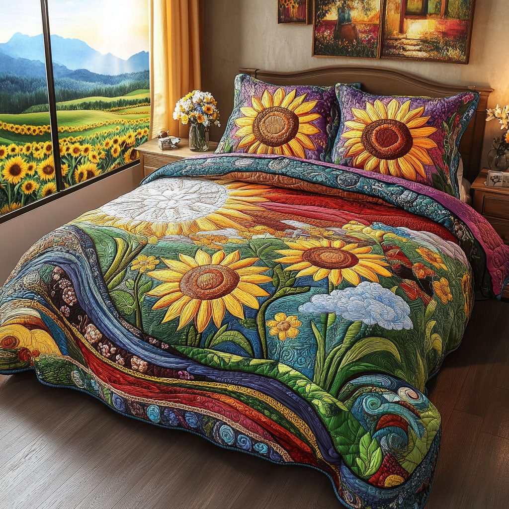 Rustic Sunburst quilted 3-piece bedding set on a made bed in a farmhouse bedroom