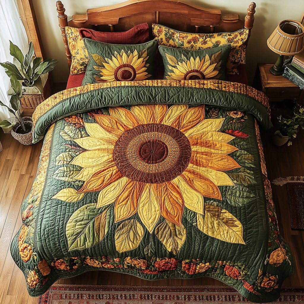 Rustic Sunburst quilted 3-piece bedding set on a made bed in a farmhouse bedroom