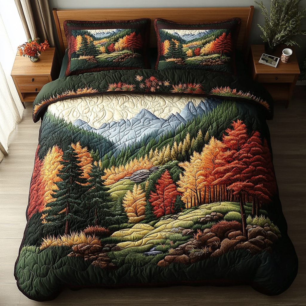 Rustic Sunset quilted 3-piece bedding set on a made bed in a farmhouse bedroom
