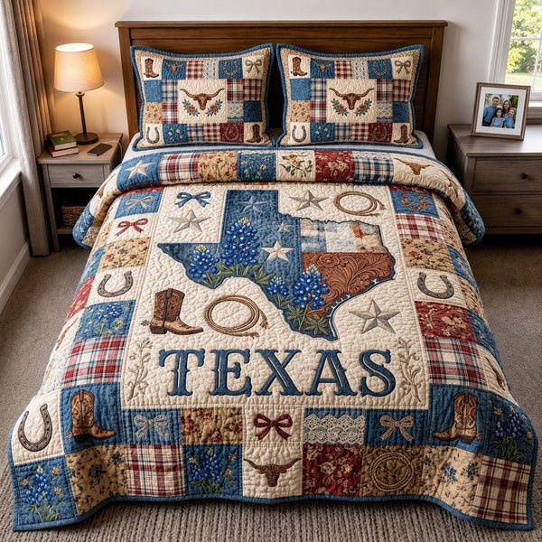 Rustic Texas quilted 3-piece bedding set on a made bed in a rustic timber bedroom
