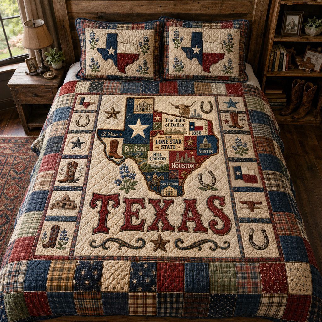 Rustic Texas Ranch quilted 3-piece bedding set on a made bed in a rustic timber bedroom