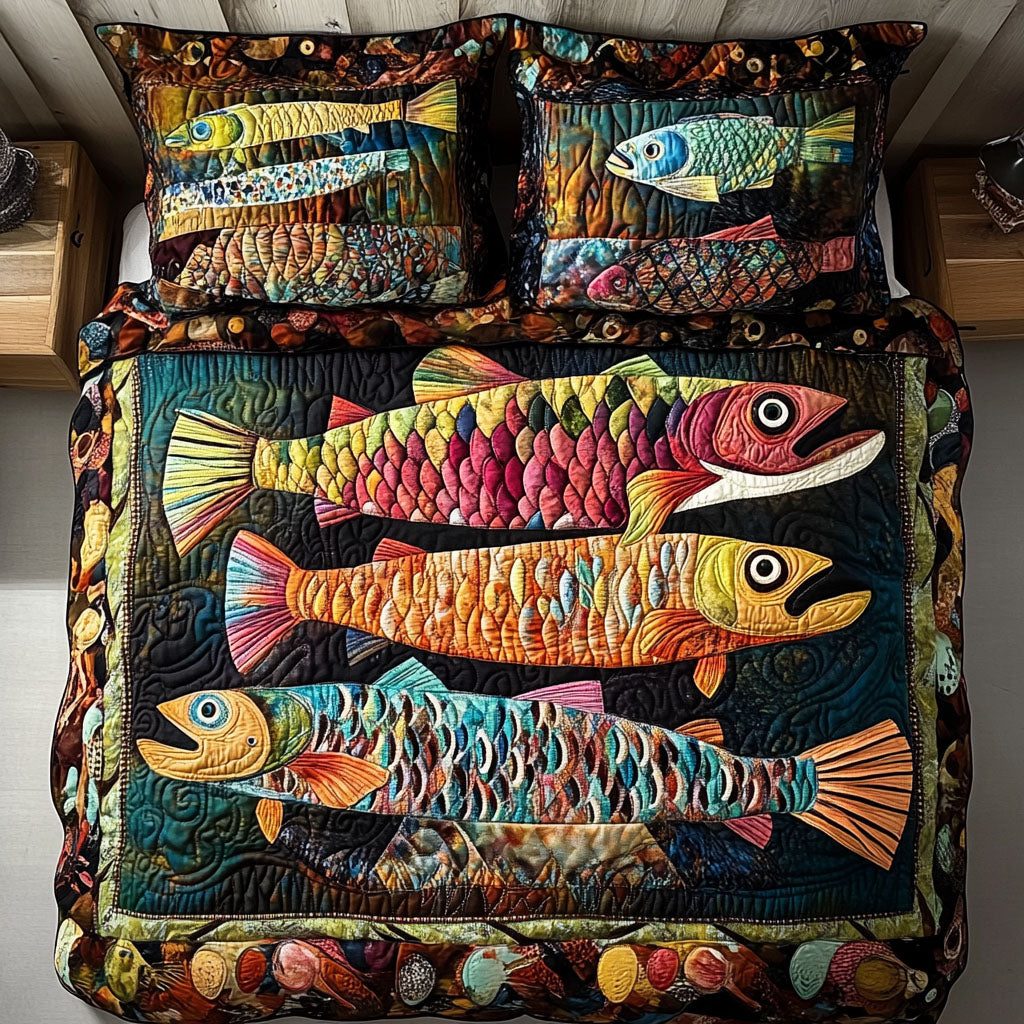 Rustic Trout quilted 3-piece bedding set on a made bed in a farmhouse bedroom