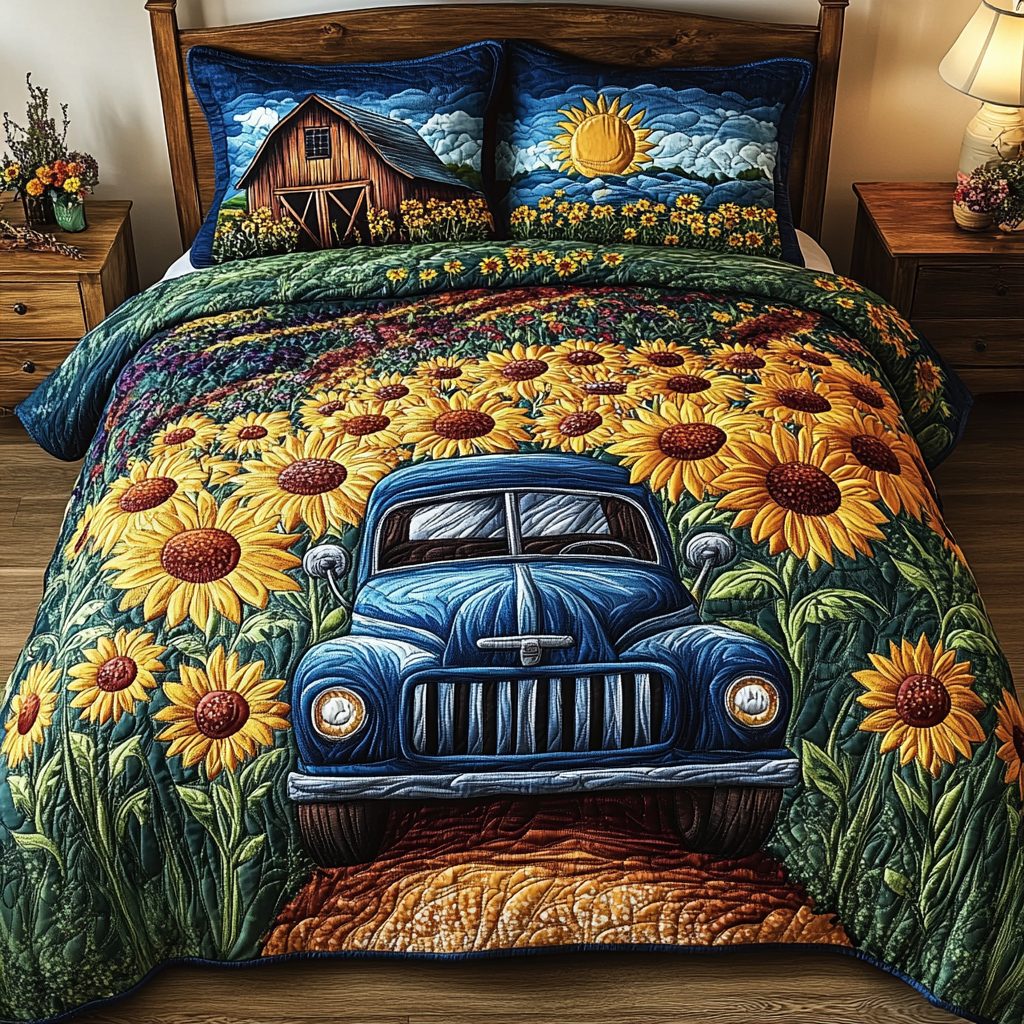 Rustic Truck quilted 3-piece bedding set on a made bed in a farmhouse bedroom