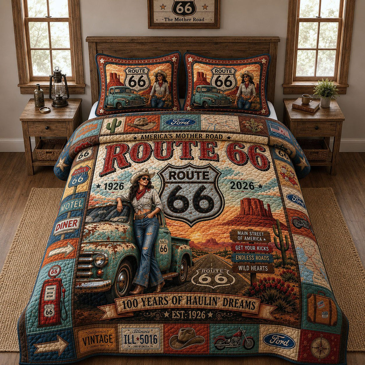 Rustic Western Cowgirl Truck quilted 3-piece bedding set on a made bed in a rustic timber bedroom