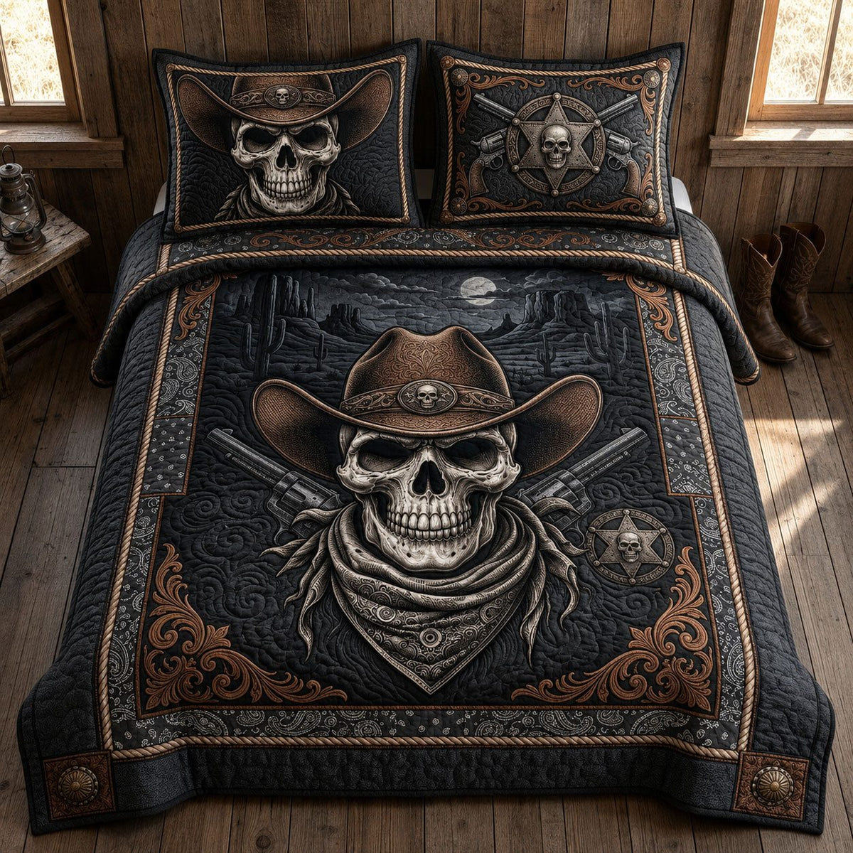 Rustic Western Skull quilted 3-piece bedding set on a made bed against a dark styled interior