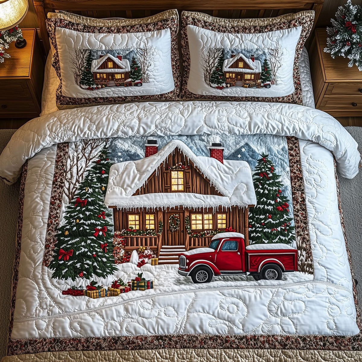 Rustic Winter Cabin quilted 3-piece bedding set on a made bed in a winter-styled bedroom