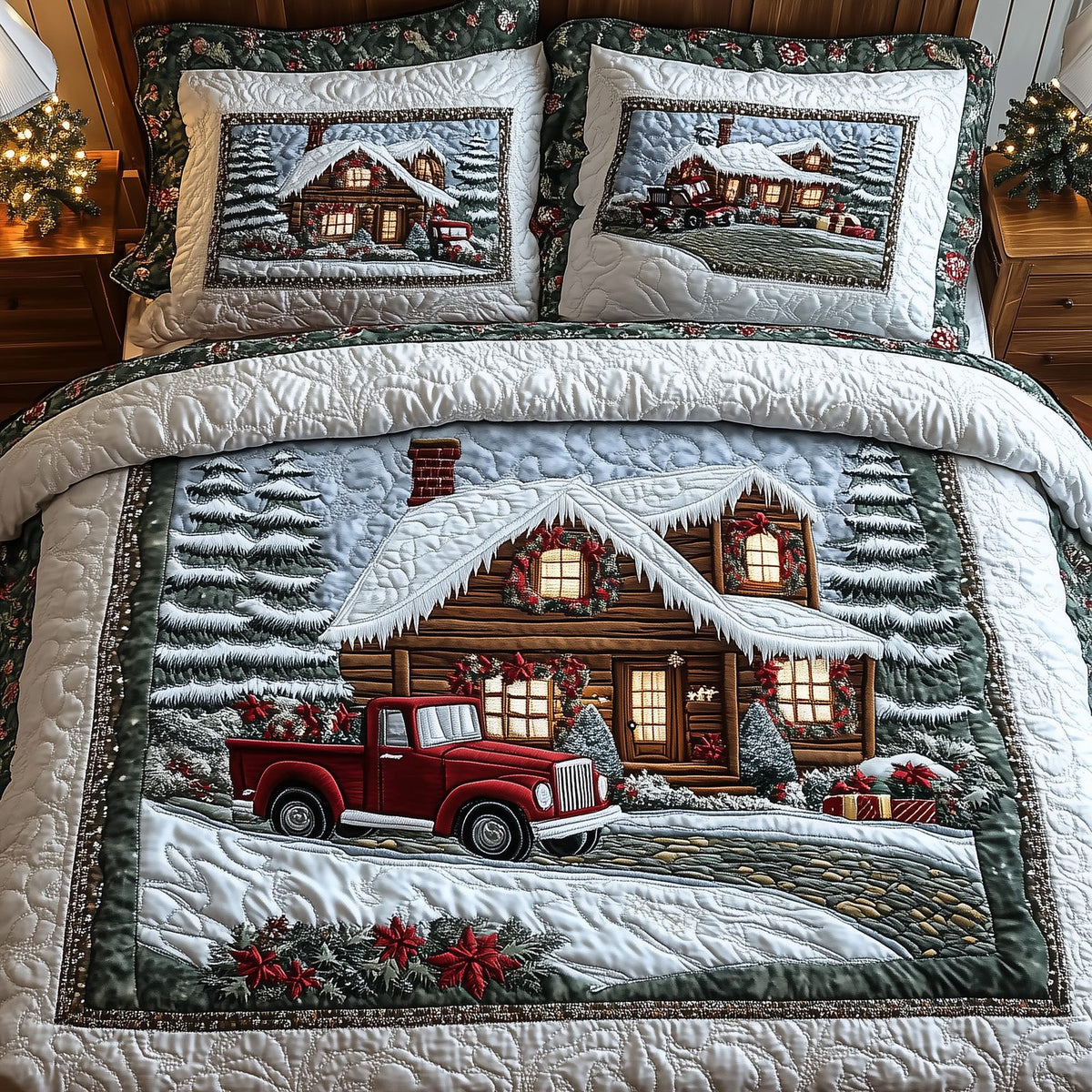Rustic Winter Cabin quilted 3-piece bedding set on a made bed in a winter-styled bedroom