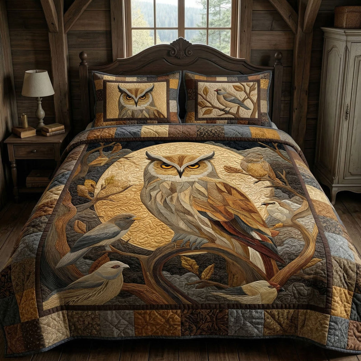 Rustic Wisdom quilted 3-piece bedding set on a made bed in a farmhouse bedroom