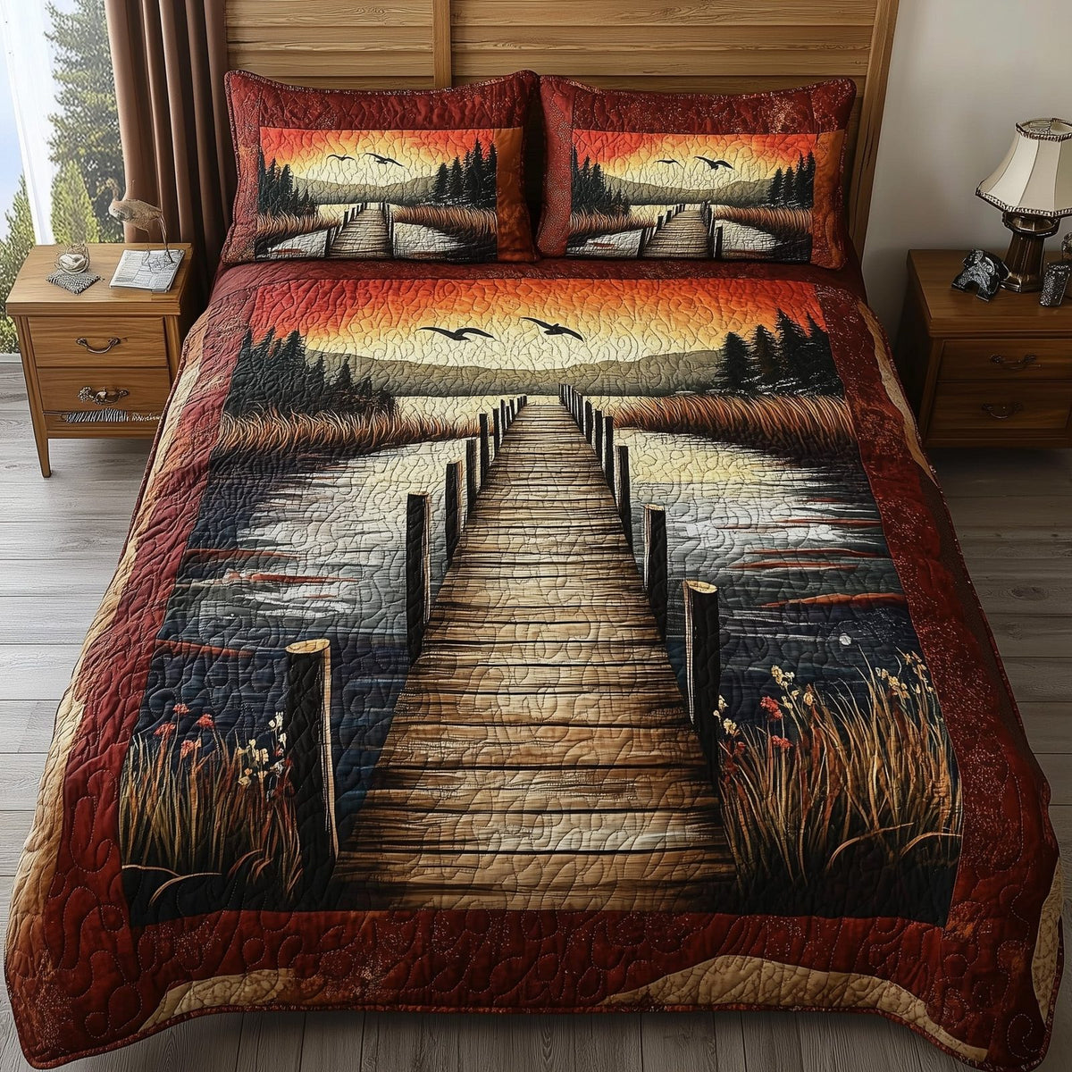 Rustic Wooden Dock quilted 3-piece bedding set on a made bed in a farmhouse bedroom