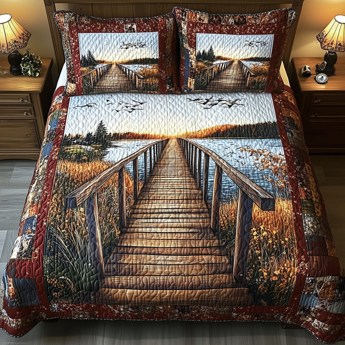 Rustic Wooden Dock quilted 3-piece bedding set on a made bed in a farmhouse bedroom