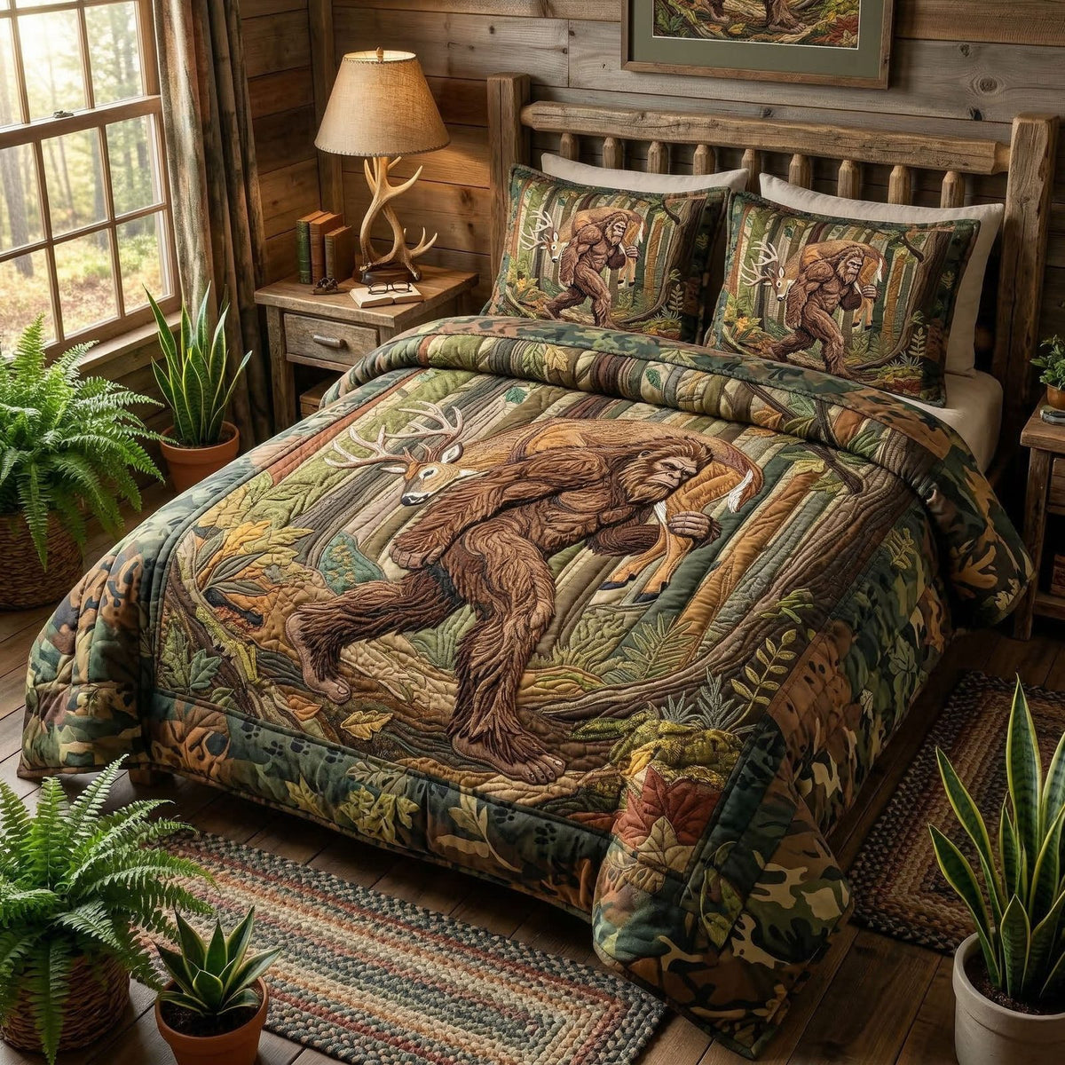 Rustic Woodland quilted 3-piece bedding set on a made bed in a farmhouse bedroom