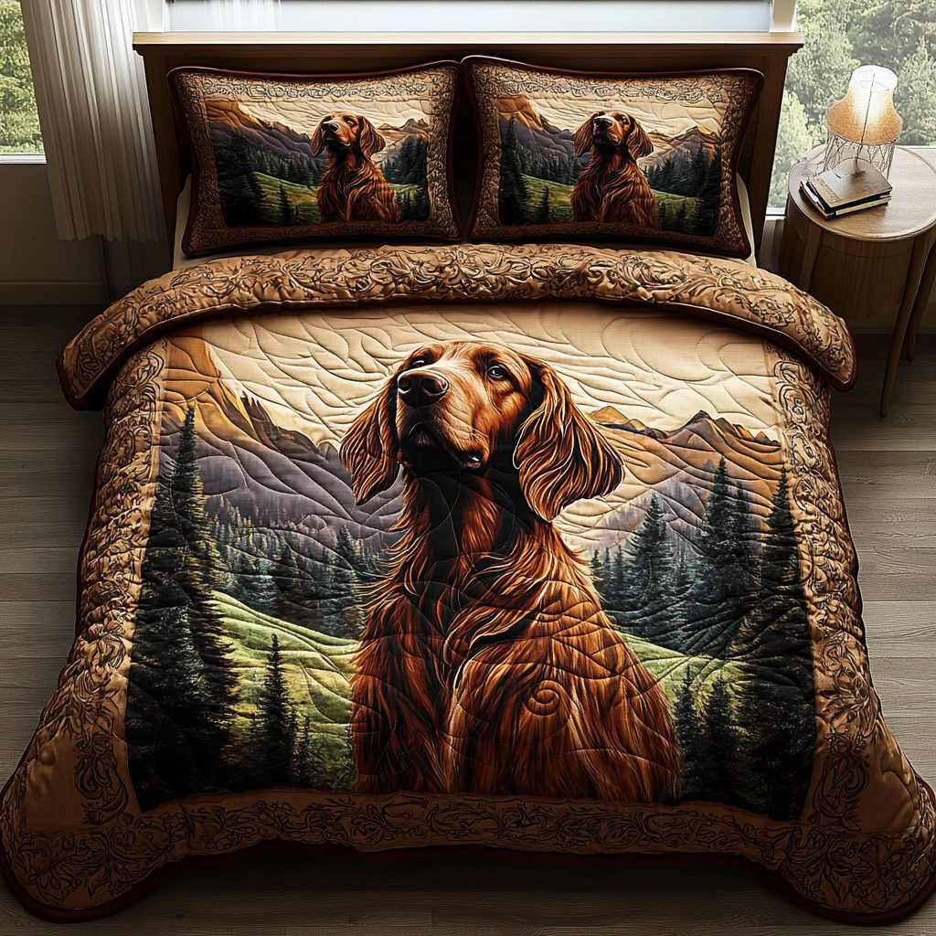 Rusty Paws quilted 3-piece bedding set on a made bed with two matching pillow shams