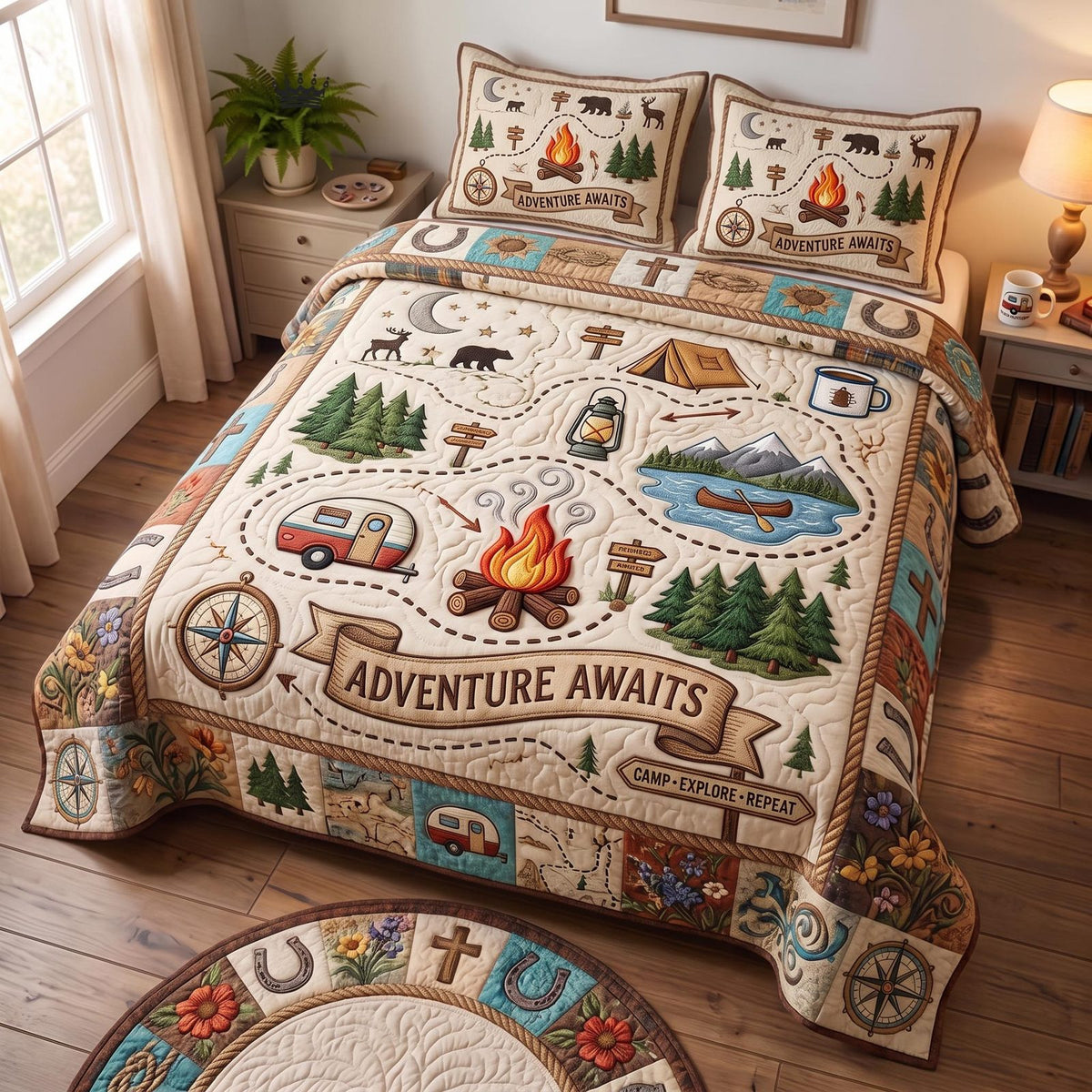 RV Adventures quilted 3-piece bedding set on a made bed in a winter-styled bedroom