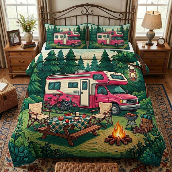 RV Escape quilted 3-piece bedding set on a made bed with two matching pillow shams
