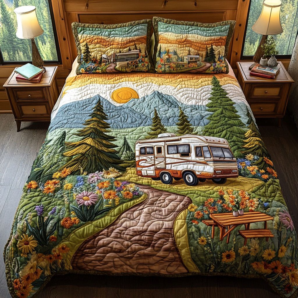RV Serenity quilted 3-piece bedding set on a made bed with two matching pillow shams
