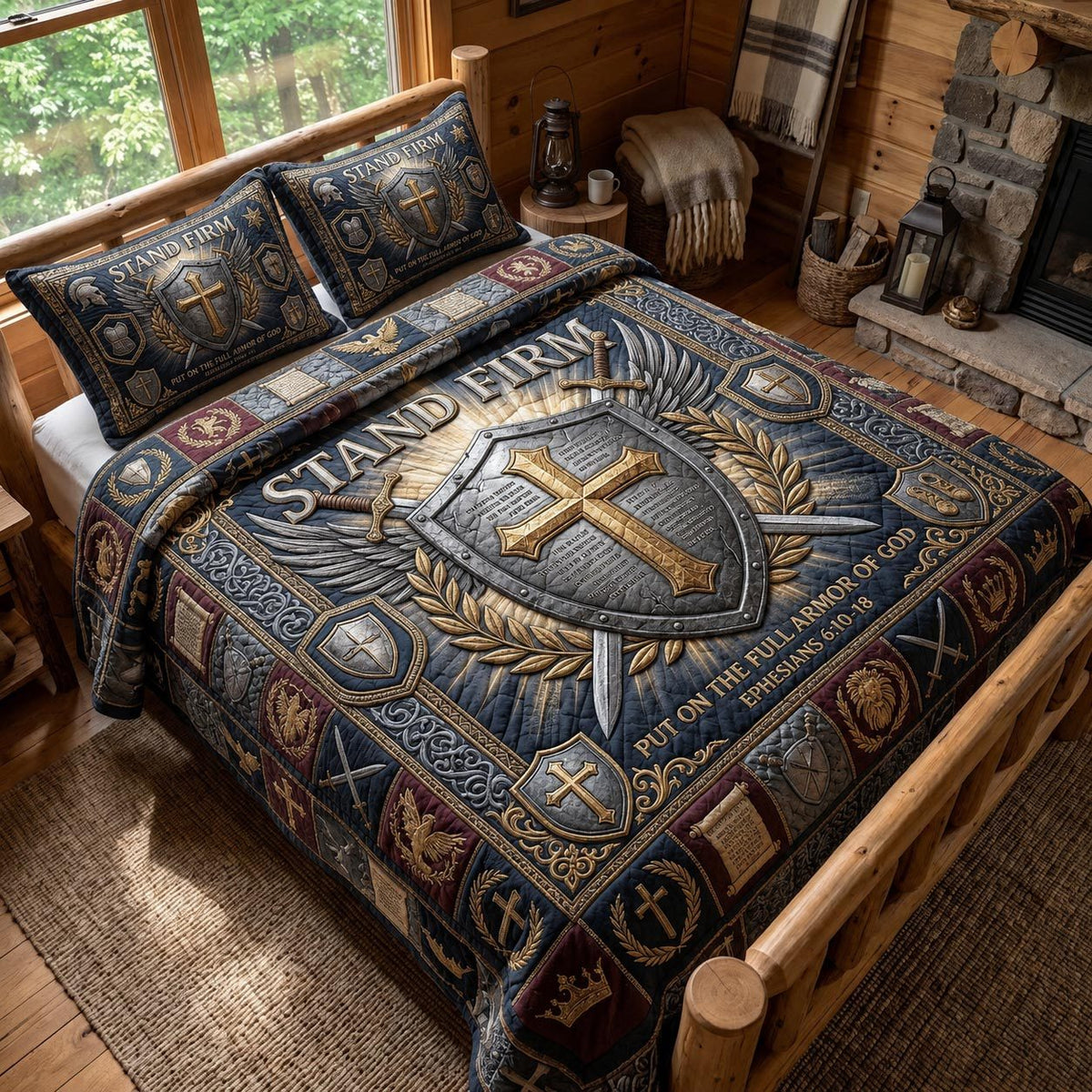 Sacred Armor quilted 3-piece bedding set on a made bed in a softly lit bedroom