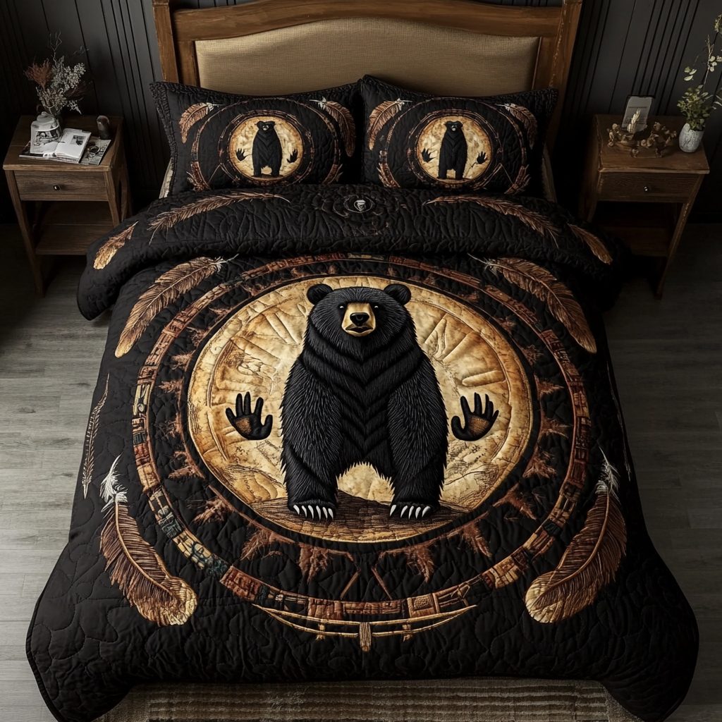 Sacred Bear Totem quilted 3-piece bedding set on a made bed in a softly lit bedroom