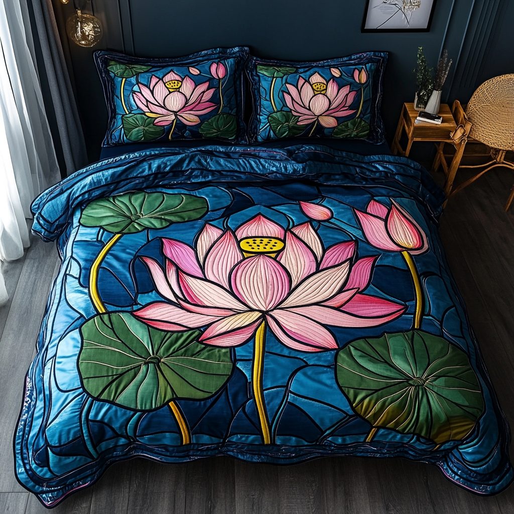 Sacred Bloom quilted 3-piece bedding set on a made bed in a softly lit bedroom