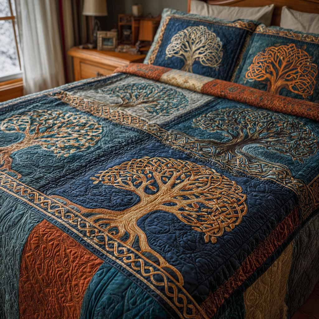 Sacred Canopy quilted 3-piece bedding set on a made bed in a softly lit bedroom