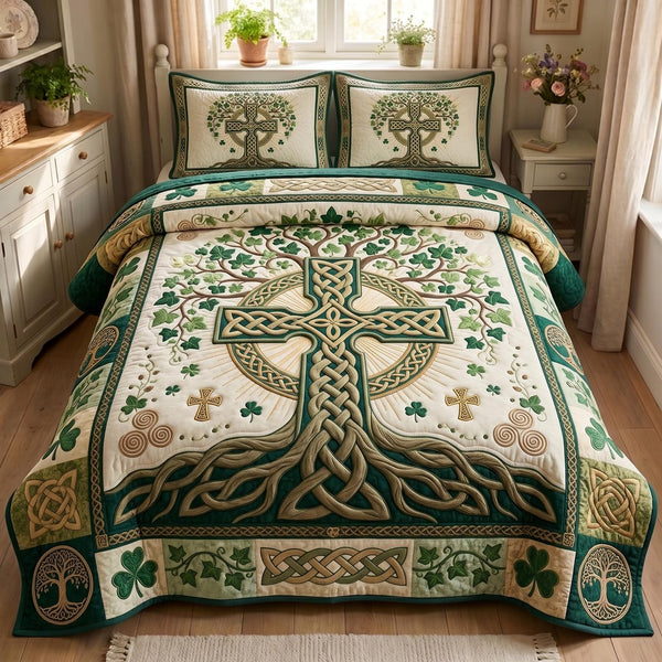 Sacred Celtic quilted 3-piece bedding set on a made bed in a softly lit bedroom