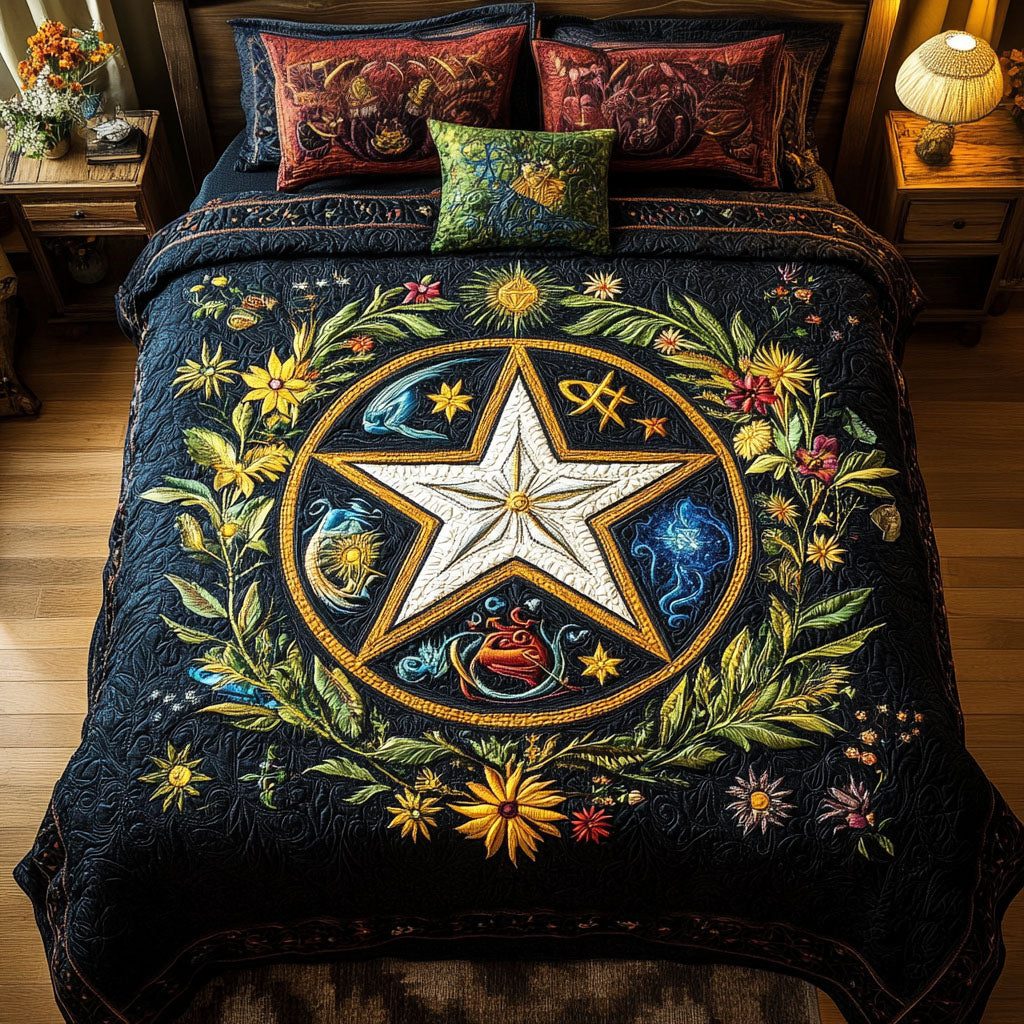 Sacred Circle Comfort quilted 3-piece bedding set on a made bed in a softly lit bedroom