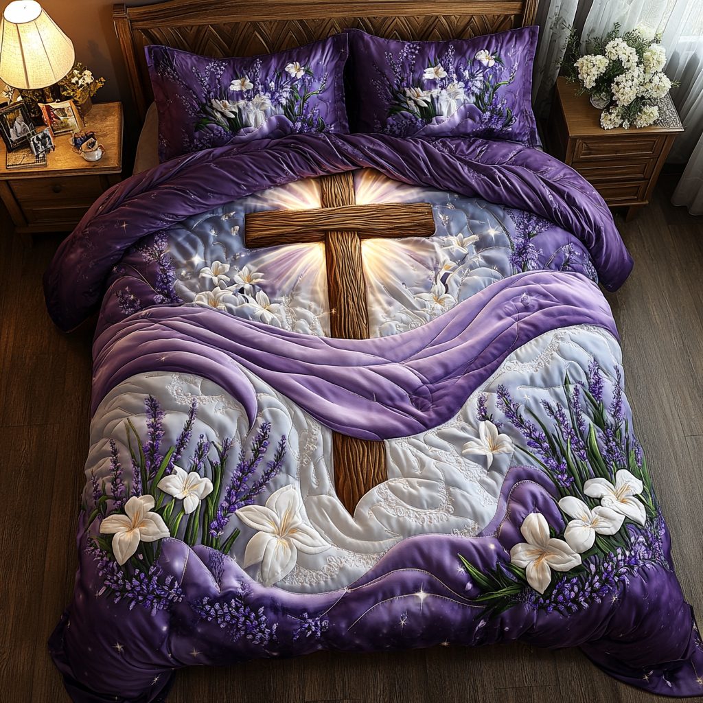 Sacred Cross quilted 3-piece bedding set on a made bed in a softly lit bedroom