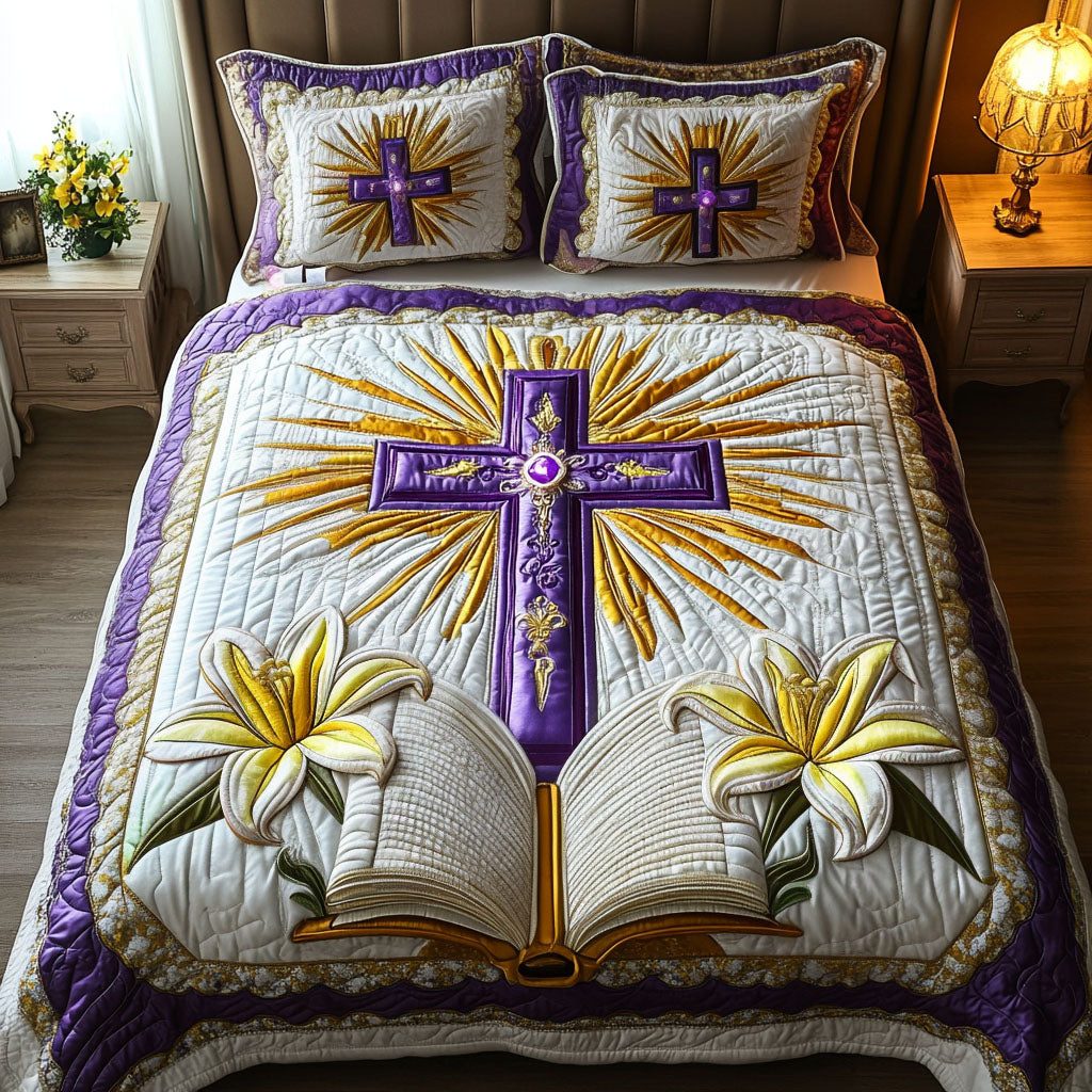 Sacred Cross quilted 3-piece bedding set on a made bed in a softly lit bedroom