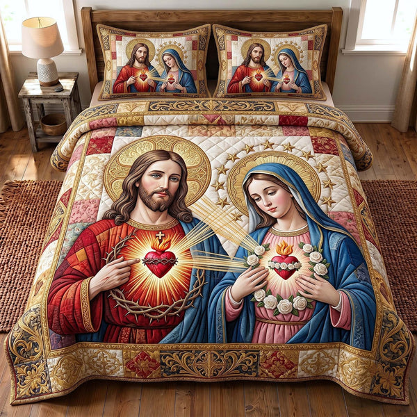 Sacred Devotion quilted 3-piece bedding set on a made bed in a softly lit bedroom
