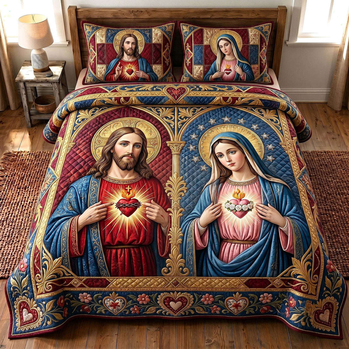 Sacred Devotion quilted 3-piece bedding set on a made bed in a softly lit bedroom