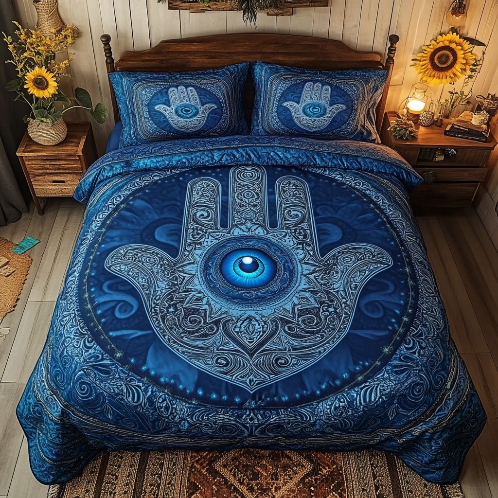 Sacred Eye quilted 3-piece bedding set on a made bed in a softly lit bedroom