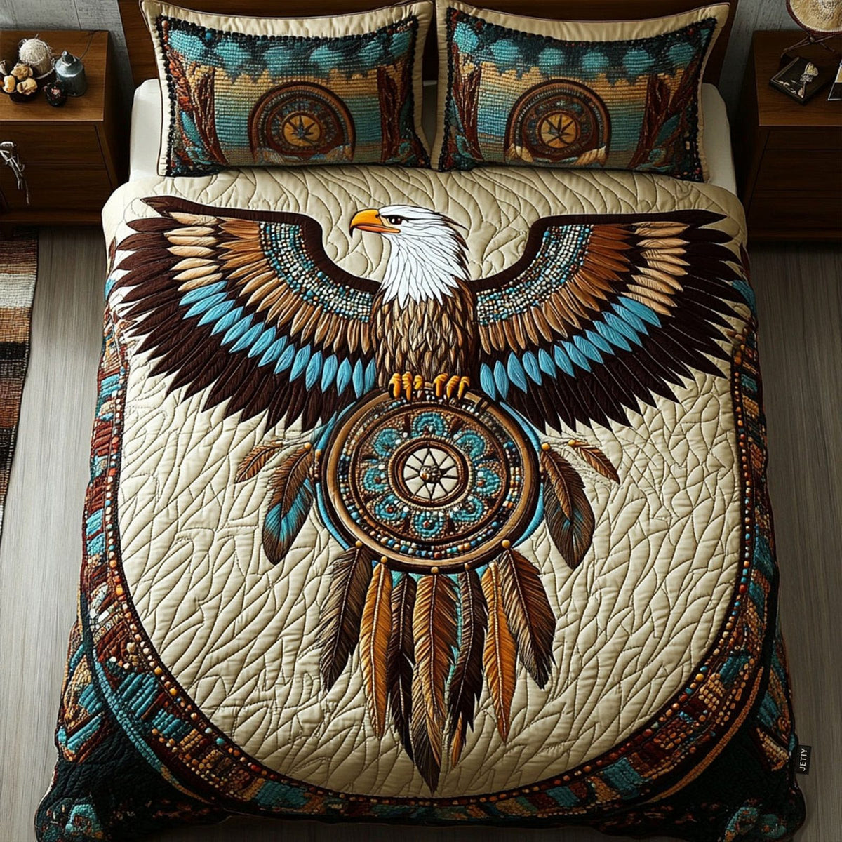 Sacred Feather Watcher quilted 3-piece bedding set on a made bed in a softly lit bedroom